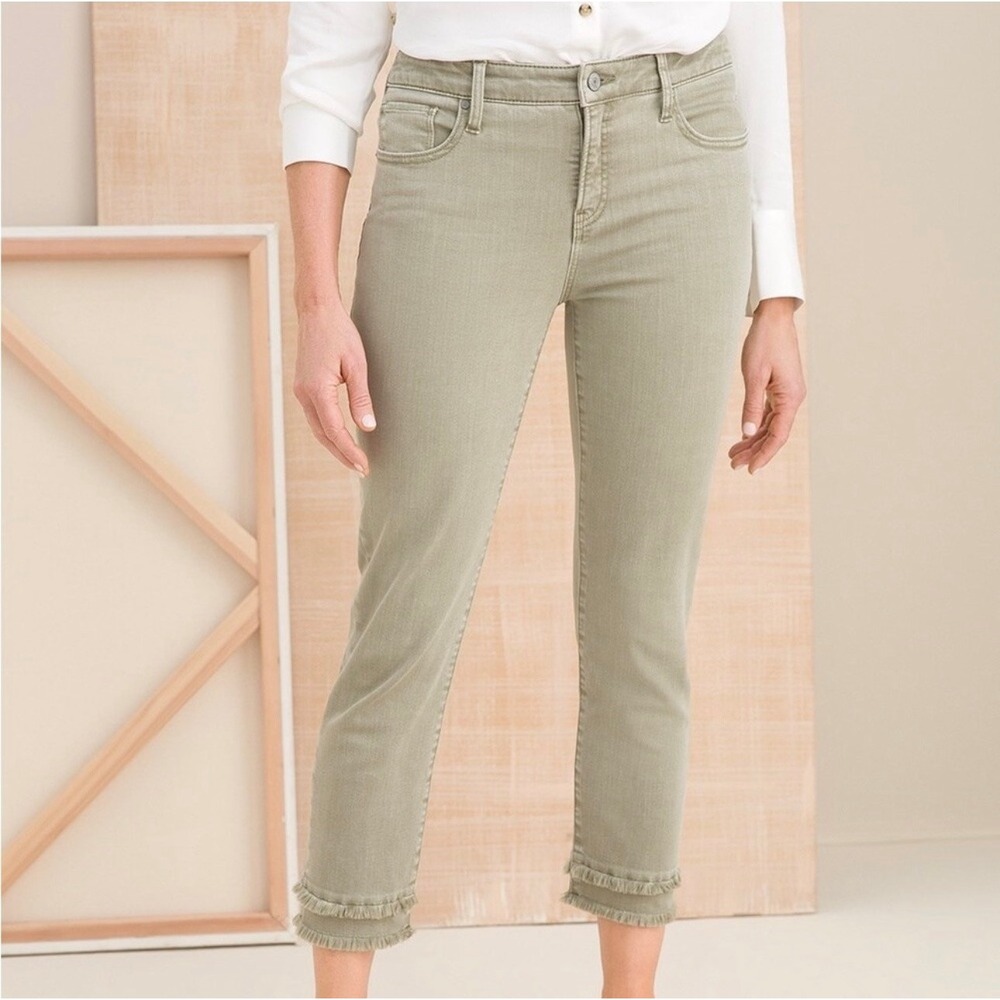 Chico's So Slimming Girlfriend Crop Jeans Sage Green Fray Hem Size 1.5 US 10